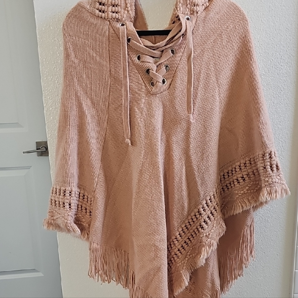 Beige Lace-Up Poncho with Fringe